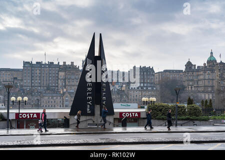 Edinburgh, UK. 8 Feb 2019. View from Princes Street across existing Waverley Mall towards the Old Town in Edinburgh, Scotland. This iconic and famous  Stock Photo