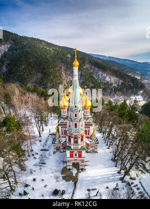 Winter snow view of Memorial Temple of the Birth of Christ, Russian Style Church Cathedral ( Monastery Nativity ) in Shipka, Bulgaria Stock Photo