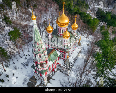 Winter snow view of Memorial Temple of the Birth of Christ, Russian Style Church Cathedral ( Monastery Nativity ) in Shipka, Bulgaria Stock Photo