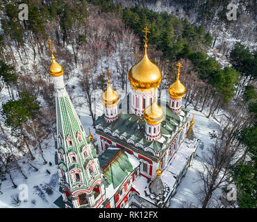 Winter snow view of Memorial Temple of the Birth of Christ, Russian Style Church Cathedral ( Monastery Nativity ) in Shipka, Bulgaria Stock Photo