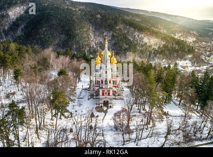 Winter snow view of Memorial Temple of the Birth of Christ, Russian Style Church Cathedral ( Monastery Nativity ) in Shipka, Bulgaria Stock Photo