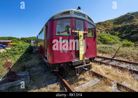 The drivers cab of one of London's 1959 Northern Line Carriages now being used on the Alderney Rail Service. Stock Photo