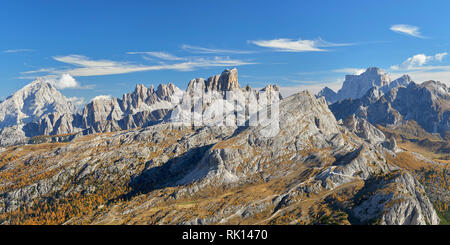 Panoramic view from the summit of Sas de Stria, Dolomites, Belluno, Veneto, Italy.  LtoR, Monte Antelao, Summit of Averau catching the last of the eve Stock Photo