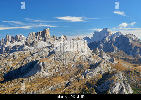 View from the summit of Sas de Stria, Dolomites, Belluno, Veneto, Italy.  LtoR,  Summit of Averau catching the last of the evening sun, Dolomites, Bel Stock Photo