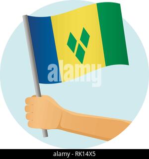 Saint Vincent and the Grenadines flag in hand. Patriotic background. National flag of Saint Vincent and the Grenadines vector illustration Stock Vector