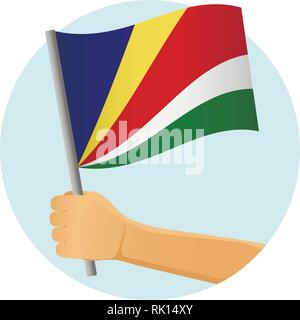 Seychelles flag in hand. Patriotic background. National flag of Seychelles vector illustration Stock Vector