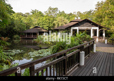 SINGAPORE - December 2018: Wetland Center buildings and pond at the Sungei Buloh Wetland Reserve. Stock Photo