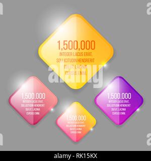 Glass transparent vector rhombus set in yellow, purple and pink  with colorful label template for web and print decoration, sale sign or discount post Stock Vector