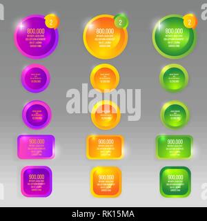 Glass vector round buttons with colorful  labels, template for web and print decoration, sale sign or discount poster creative design Stock Vector