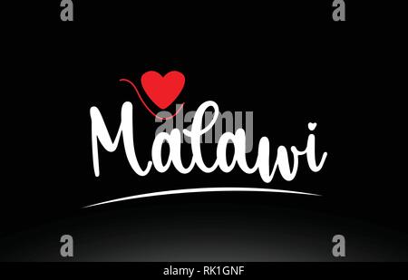 Malawi country text with red love heart on black background suitable for a logo icon or typography design Stock Vector