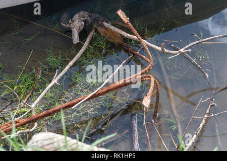 A close up view of a rusted old anchor on the edge of a river bank Stock Photo