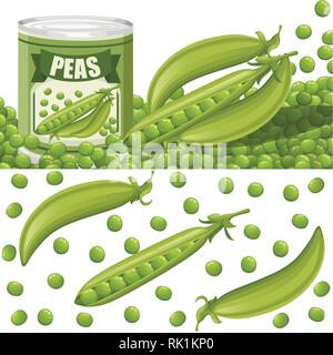 Green peas in aluminum can with pod. Canned food with peas logo. Product for supermarket and shop. Flat vector illustration on white background. Stock Vector