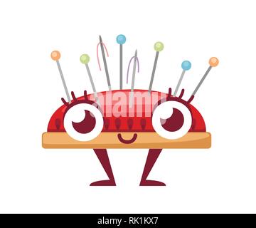 Red needle pad with colored needles. Cartoon character design. Sewing item mascot. Flat vector illustration isolated on white background. Stock Vector