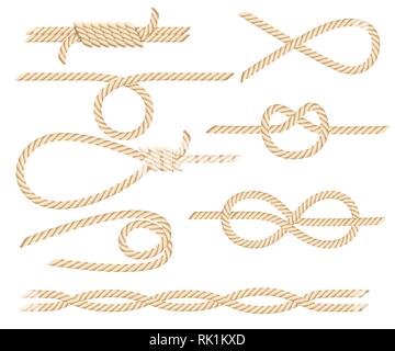 Set of nautical rope knots. Yellow rope. Strong marine rope knots. Flat vector illustration isolated on white background. Stock Vector
