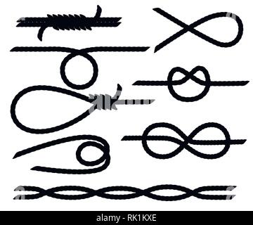 Black silhouette. Set of nautical rope knots. Strong marine rope knots. Flat vector illustration isolated on white background. Stock Vector