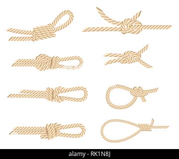 Set of nautical rope knots. Yellow rope. Strong marine rope knots. Flat vector illustration isolated on white background. Stock Vector
