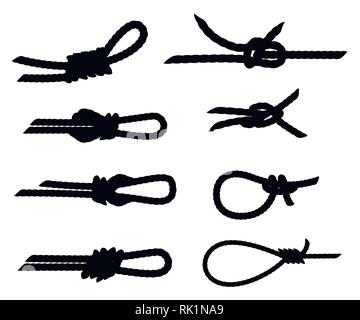 Black silhouette. Set of nautical rope knots. Strong marine rope knots. Flat vector illustration isolated on white background. Stock Vector