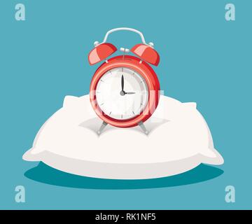 Red alarm clock stand on white pillow. Wake up time concept. Flat vector illustration on turquoise background. Stock Vector