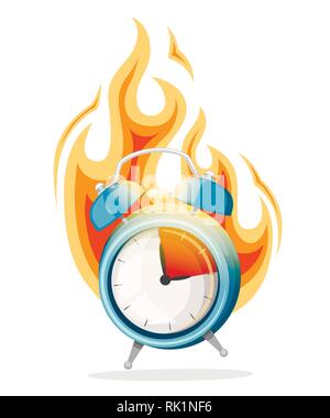 Blue alarm clock in a fire. Burning clock. Deadline concept. Flat vector illustration isolated on white background. Stock Vector