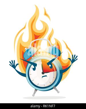 Blue alarm clock in a fire. Burning clock. Deadline concept. Cartoon character design. Flat vector illustration isolated on white background. Stock Vector