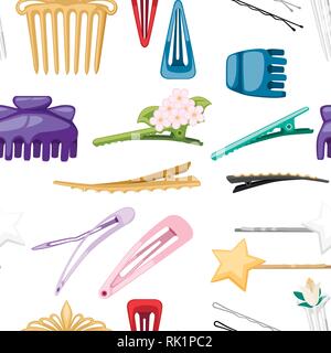 Seamless pattern. Set of hair accessory. Hairpins and hair-clip for female salon concept. Flat vector illustration on white background. Stock Vector