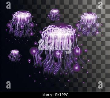 Transparent purple jellyfish on transparent background. Effect style jellyfishes. Effect style jellyfishes. Abstract glowing effect illustration. Stock Vector