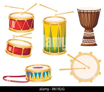 Colored drums with drumsticks icon set. Collection of musical instruments. Flat vector illustration isolated on white background. Stock Vector