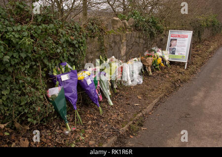 Joanna Yeates murder in Clifton, Bristol, UK in 2010.   The site where the body was found, with a photograph left with flowers and an inscription on Stock Photo