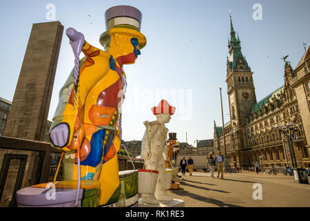 Hamburg, Germany; View of the Rathaus (Town Hall) with statues of the city mascot, Hans Hummel. Stock Photo