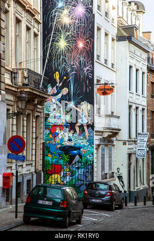 Cartoon painted on a building, Comic Strip Walk, Brussels, Belgium Stock Photo