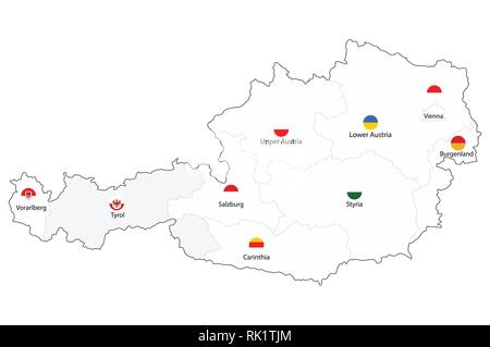 Vector illustration map of Austria federal states with names and flags isolated on white background. Stock Vector