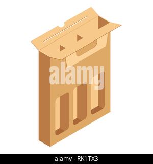 Vector illustration cardboard pack for three bottles of wine isolated on white background. Craft Box for Design, Website, Background, Banner. Folding  Stock Vector