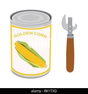 Vector illustration can with golden corn  and opener isolated on white background.  Canned food Stock Vector