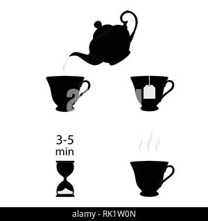 Tea brew instruction icons. Set of black silhouette tea icons. Tea making instruction, guidelines. How to make tea. Package design element. Design ele Stock Vector