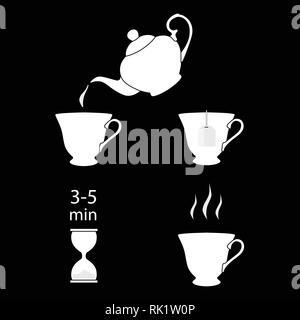 Tea brew instruction icons. Set of tea icons. Tea making instruction, guidelines. How to make tea. Package design element. Design element template. Ve Stock Vector