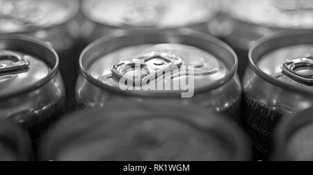 Perfect for drinking on the go. Drink cans. Pull tabs on cans tops. Aluminum beverage cans. Metal containers designed for packaging of drinks and food Stock Photo