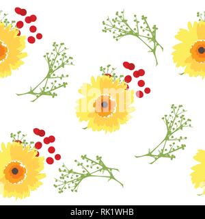 Seamless repeat pattern with yellow spring flowers, berries and leaves isolated on white background. Hand drawn fabric, gift wrap, wall art design. Stock Vector