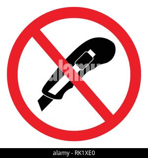 Stop Stationery knife. Ban Office paper cutter. Red prohibition sign Stock Vector
