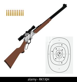 Vector illustration hunting rifle, bullets and shooting target. Sport equipment icon set Stock Vector