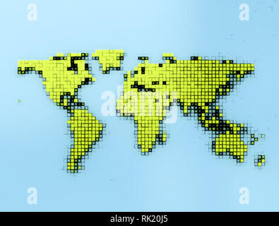 Green world map squares on blue glossy background. 3D illustration Stock Photo