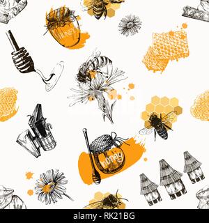 Seamless pattern of hand drawn sketch style beekeeping themed objects isolated on white background. Vector illustration. Stock Vector