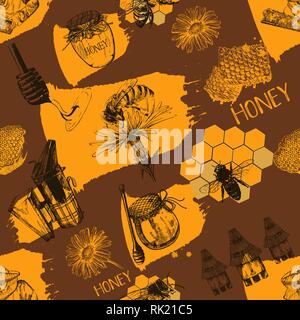 Seamless pattern of hand drawn sketch style beekeeping themed objects. Vector illustration. Stock Vector