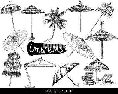 Set of hand drawn sketch style different umbrellas isolated on white background. Vector illustration. Stock Vector