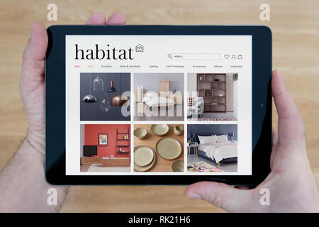 A man looks at the Habitat website on his iPad tablet device, shot against a wooden table top background (Editorial use only). Stock Photo