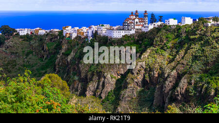 Impressive Moya village,view with famous cathedral over cliffs,Gran Canaria,Spain.