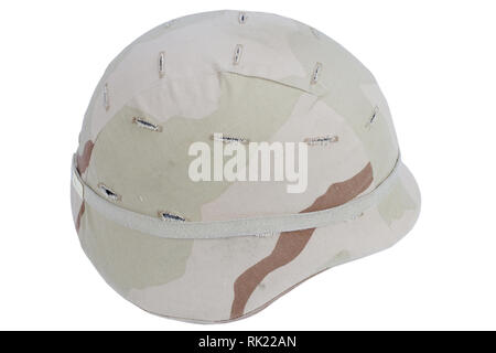 US army kevlar helmet with camouflage cover isolated on white background Stock Photo