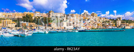Beautiful Sciacca village,view with traditional houses,sea and yachts,Sicily,South Italy. Stock Photo