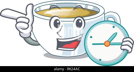 With clock ginger tea above character wooden table Stock Vector