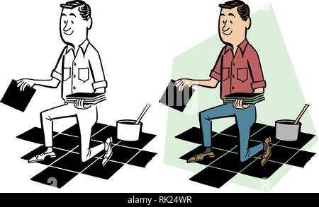 A man laying ceramic tile on his floor. Stock Vector