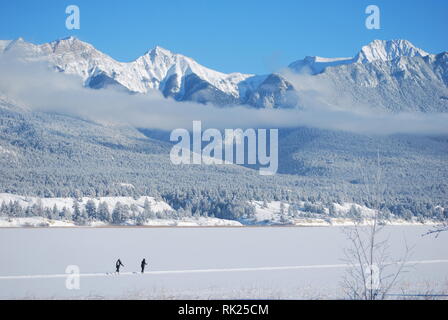 Cross-country skiers on the 'Whiteway' trail on Lake Windermere, British Columbia, Canada Stock Photo
